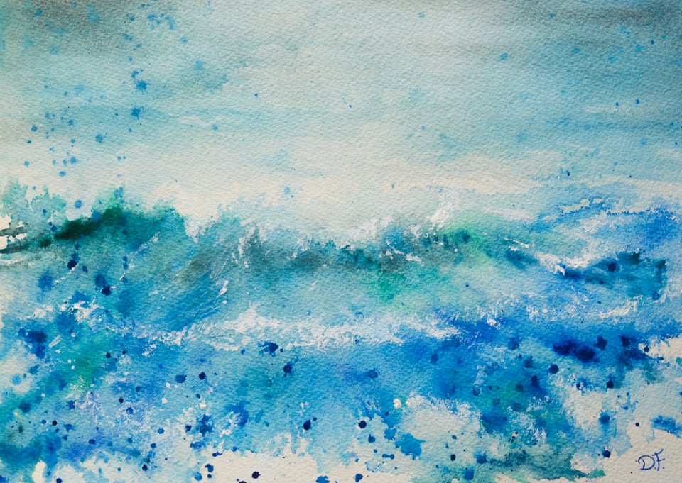 Acquerello di un'onda del mare blu e verde che si infrange