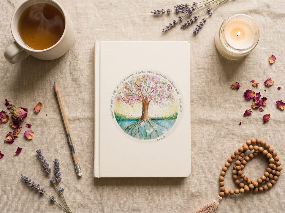 Rinascere ogni giorno. Stampa dal mio acquerello originale: un albero in fiore dentro un cerchio, con le radici azzurre tra…