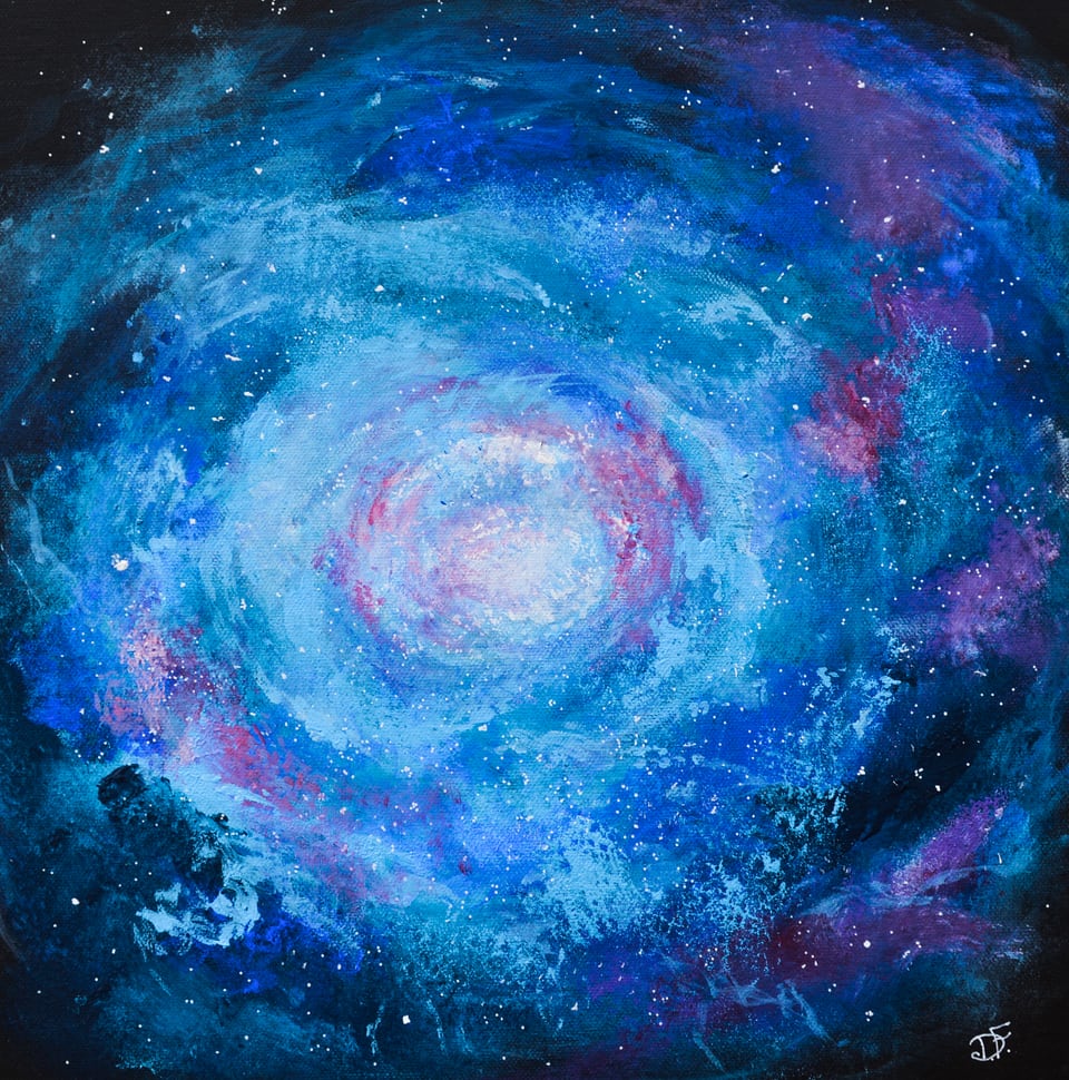 Dipinto astratto a spirale blu e viola con stelle