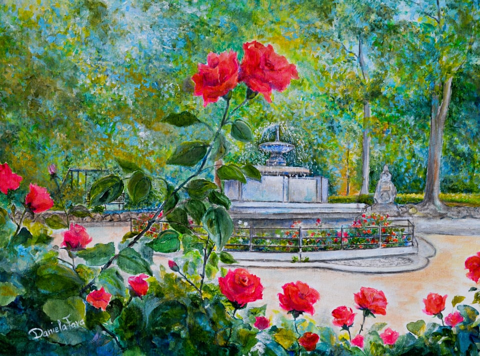 Dipinto di rose rosse davanti a una fontana in un parco