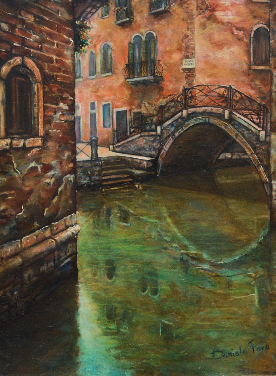 Dipinto di un ponte in pietra su un canale veneziano con palazzo ocra
