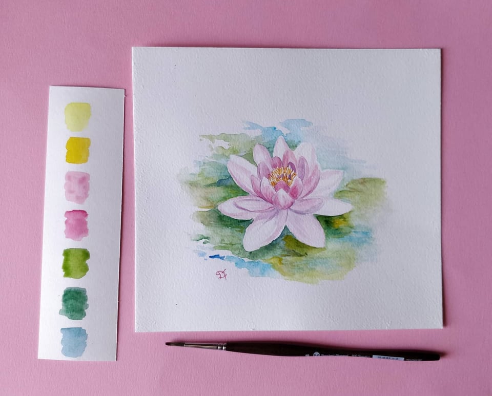 Acquerello di un fiore di loto rosa su fondo verde
