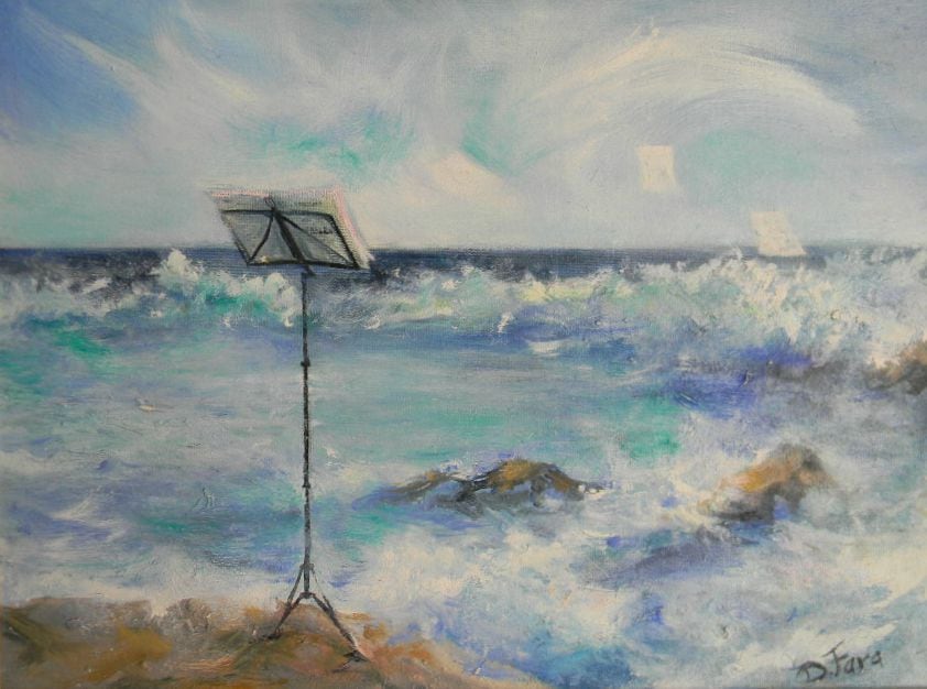 Dipinto di un leggio da musica tra le onde del mare