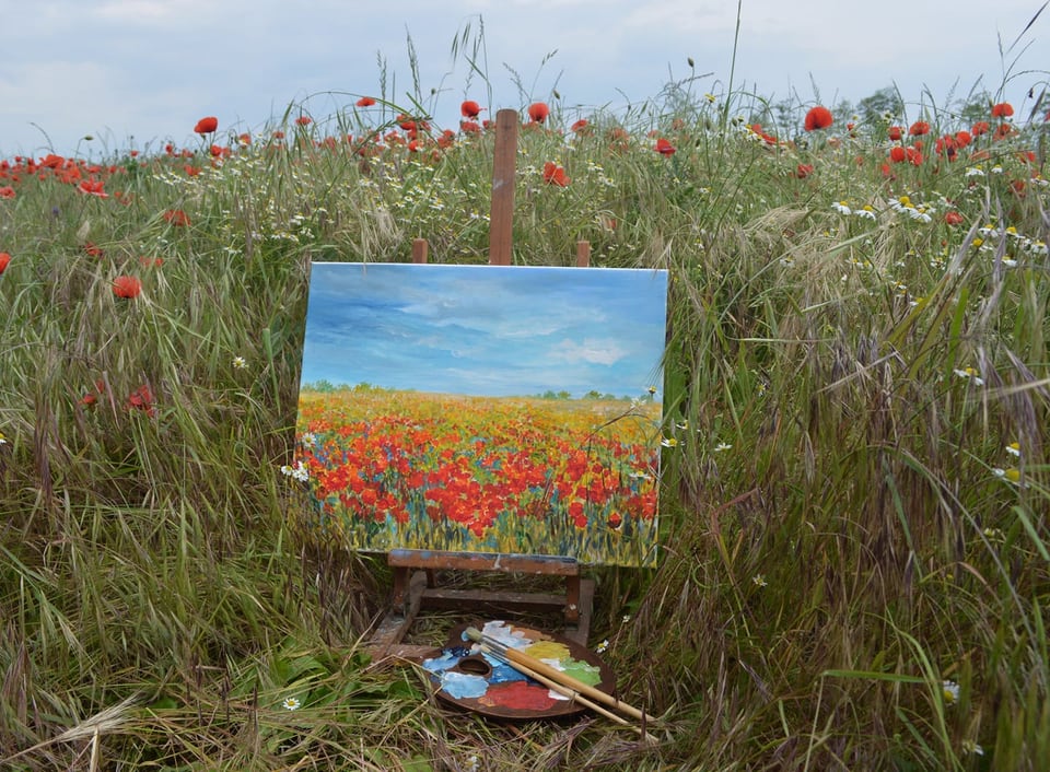 Dipinto a olio di un campo di papaveri rossi, fotografato su cavalletto in un prato