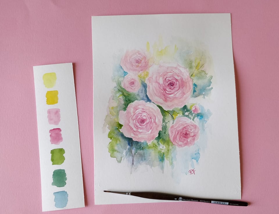 Acquerello di un mazzo di rose rosa su fondo chiaro