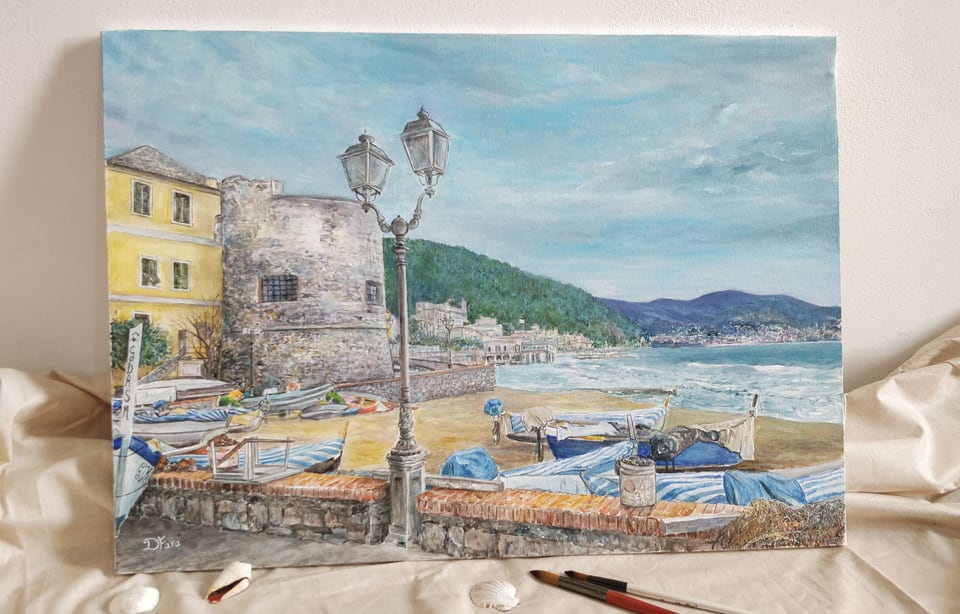 Dipinto di un borgo costiero con torre e barche a Laigueglia