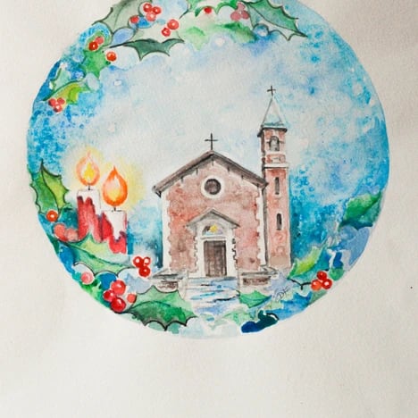 Illustrazione tonda di una chiesa con ghirlanda di agrifoglio e candele natalizie