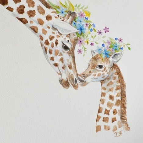 Acquerello di una giraffa madre e il suo cucciolo con corone di fiori