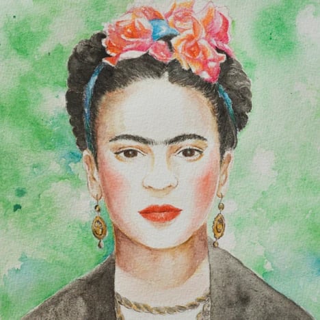 Acquerello ritratto di donna con corona di fiori, stile Frida Kahlo