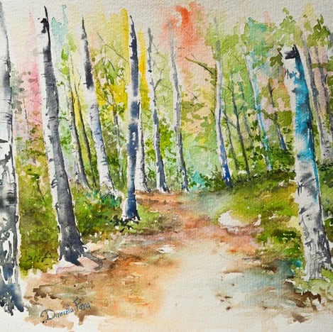Acquerello di un sentiero nel bosco di betulle in autunno