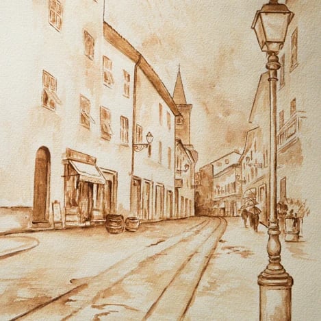 Disegno color seppia di una via di paese con lampione e campanile